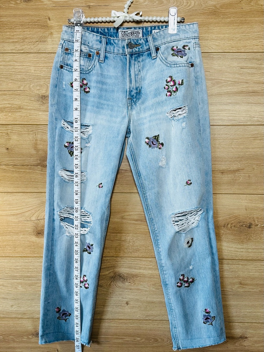 Lucky Brand Light Blue Distressed Boyfriend Jeans with Floral Embroidery - Picture 11 of 13